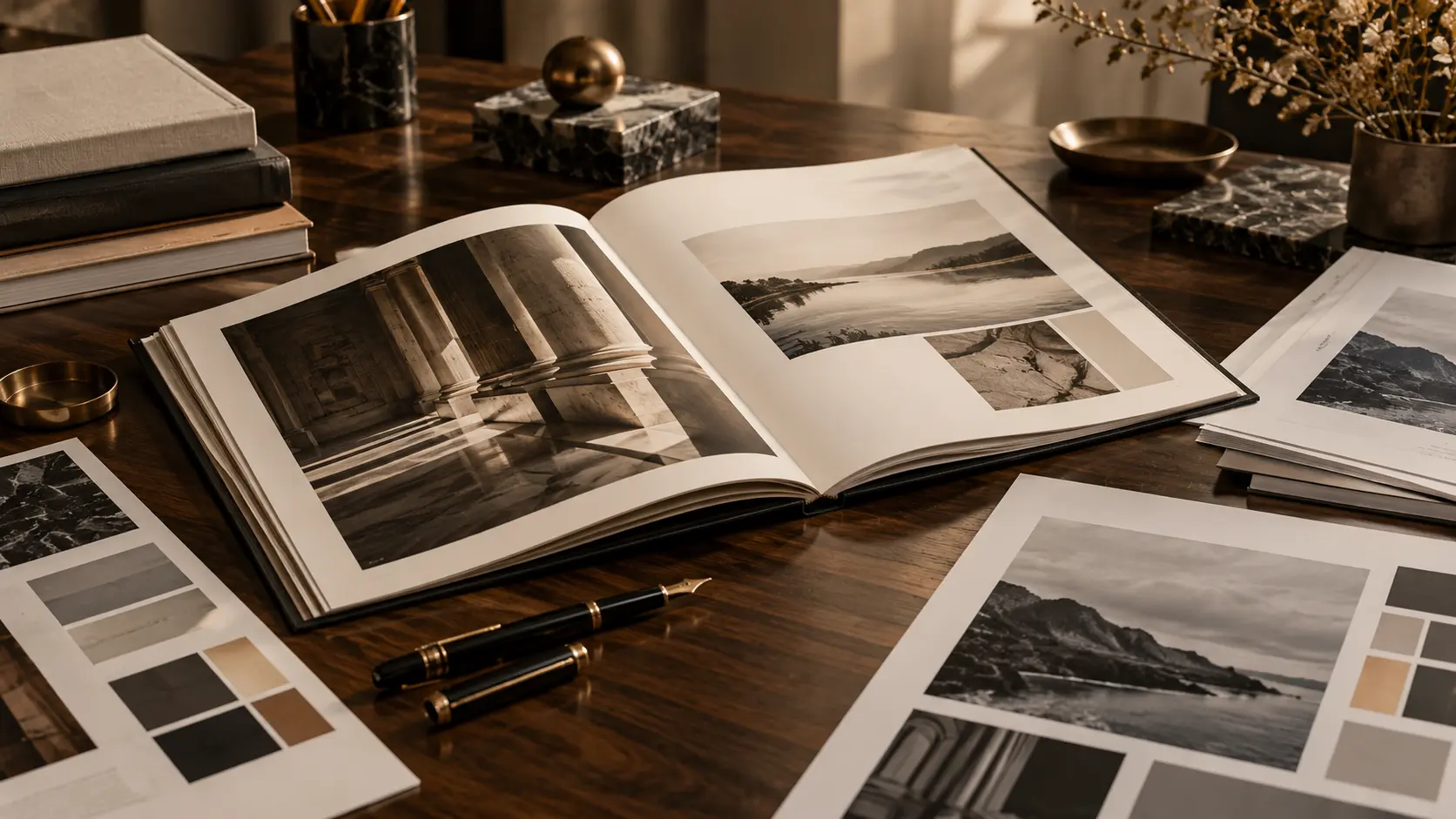 Printed journal and editorial proofs on a studio desk