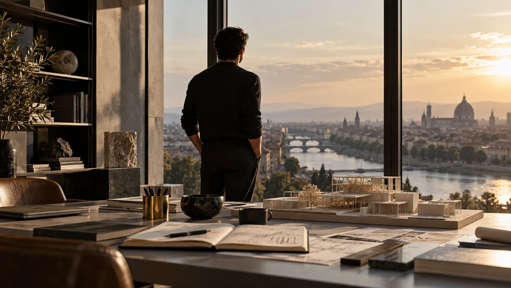 Founder considering plans in a modern studio