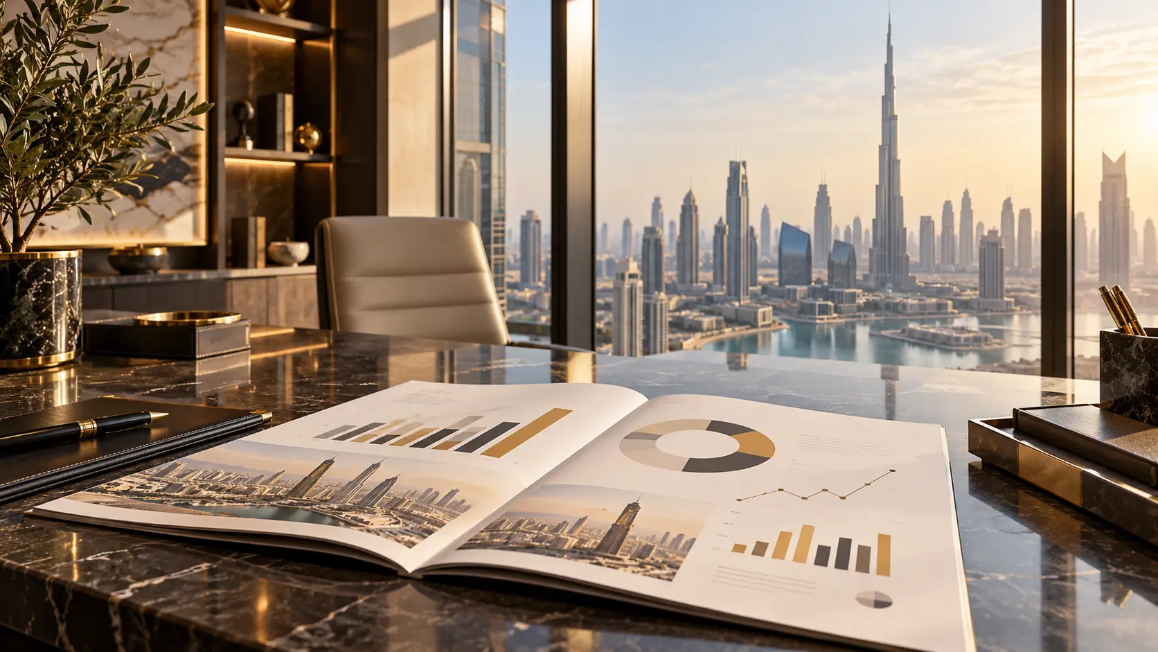 Business report and architectural details in a modern UAE setting