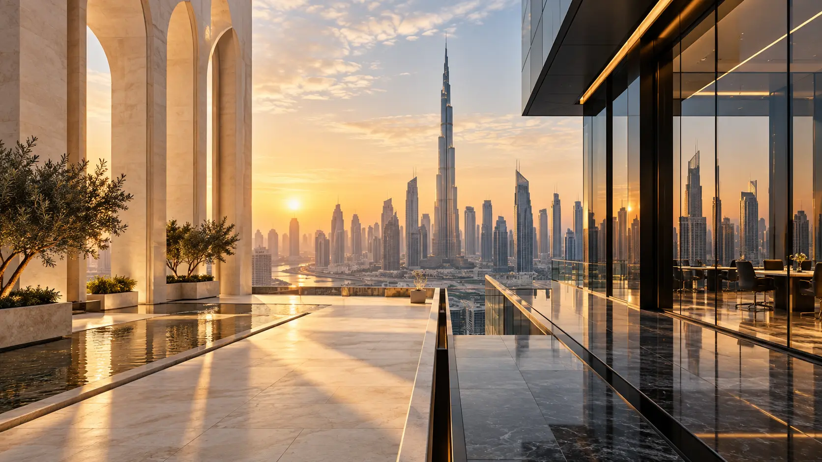Modern Dubai business architecture in warm morning light